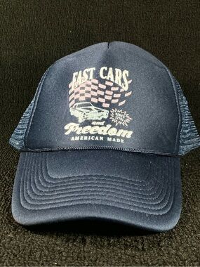 Vintage Nissin Cap Fast Cars and Freedom Trucker Hat Navy Blue 80s 90s Snapback